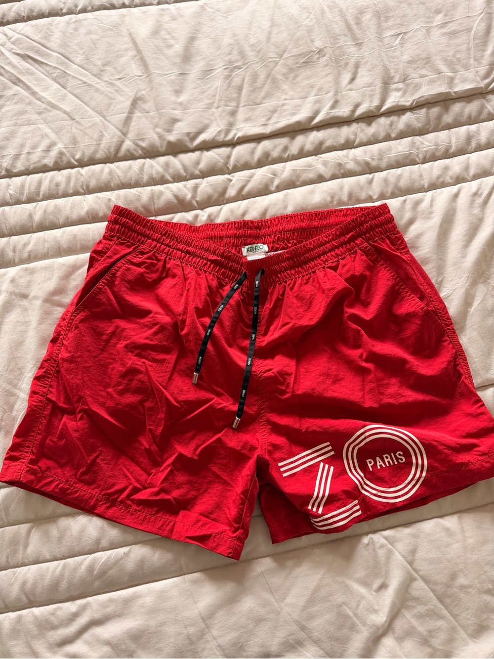 Kenzo Red Swim Trunks with '70 Paris' Graphic